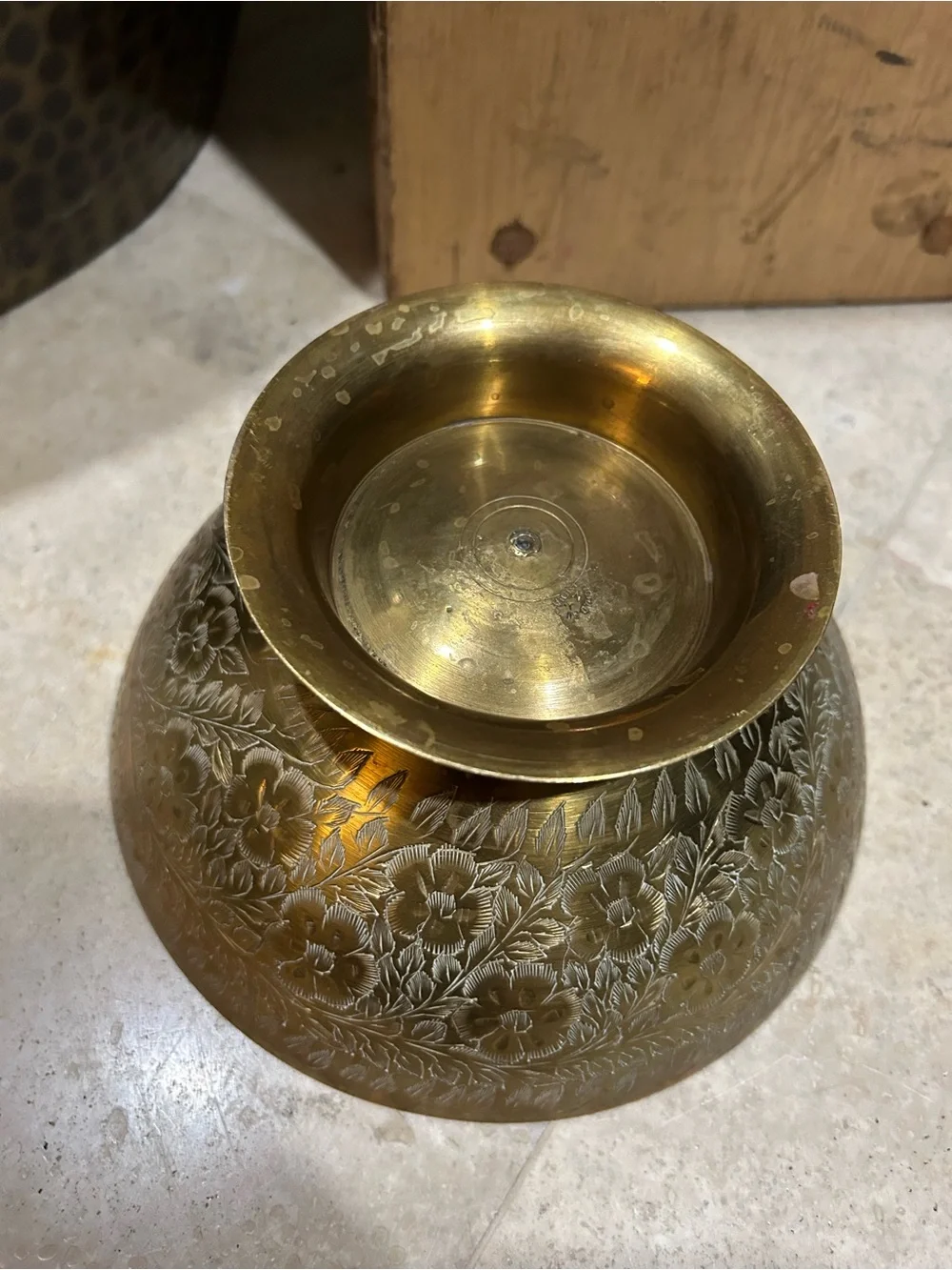 Vintage Brass pedestal Bowl with an Etched Floral Design